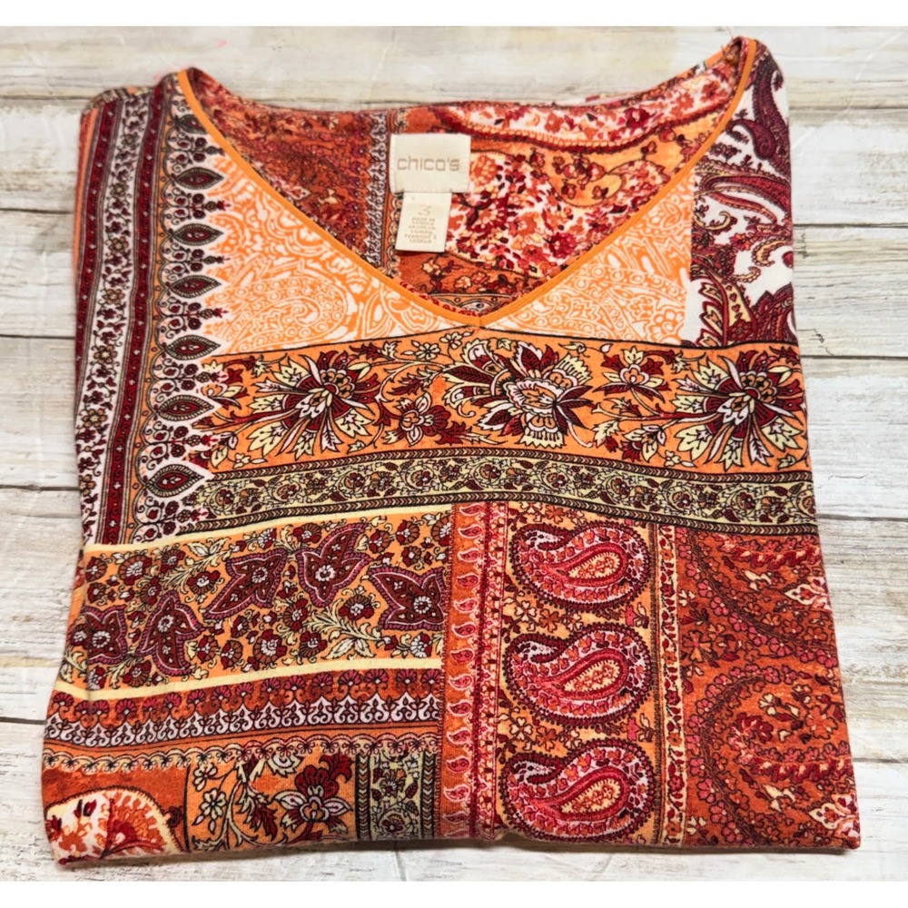 Chicos Womens Orange Paisley Patchwork V-Neck 3/4 Sleeve Top Size 3(U.S. 16) XL